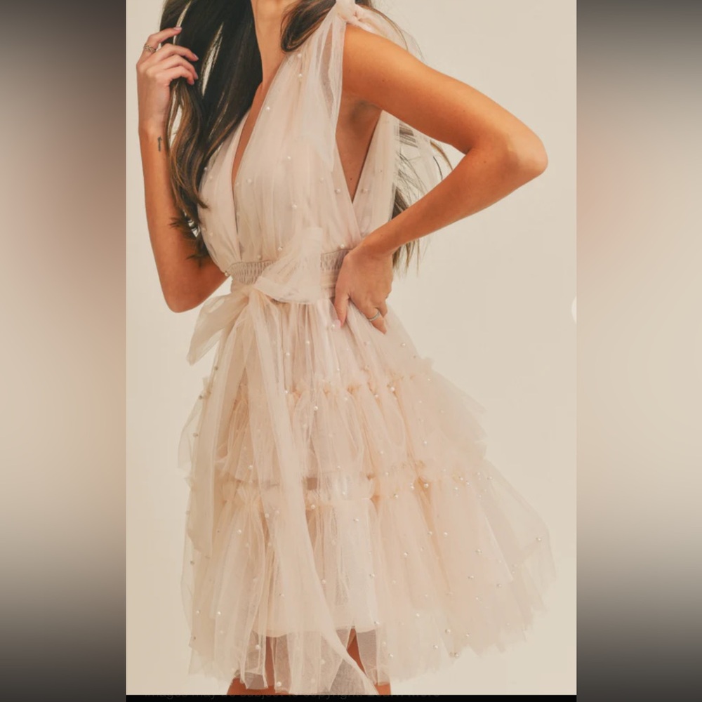 Boutique Nude Pearl-Embellished Tiered Tulle Dress